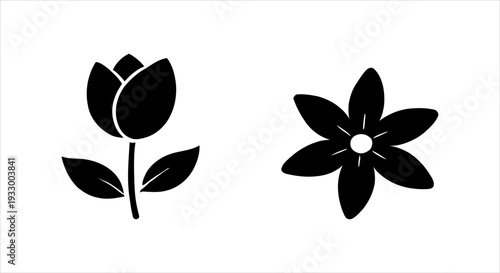Set of Two Black Silhouettes of Flowers on White Background