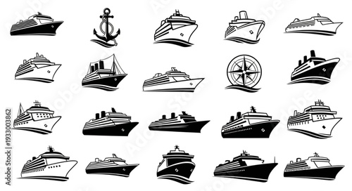 Collection of various cruise ships and nautical elements in black and white style.