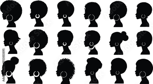 Black Woman Afro Hairstyles Silhouette Collection Vector Illustration, Diverse Natural Hair Profile Icons Set for Beauty Logo Design
