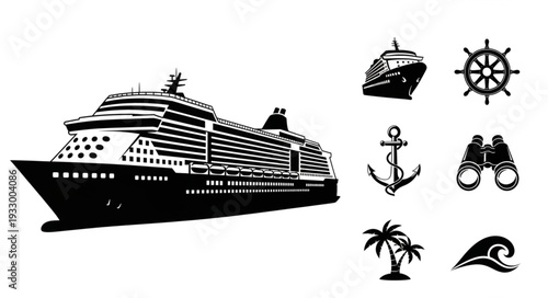 Cruise ship silhouette with nautical elements, perfect for travel and adventure themes.