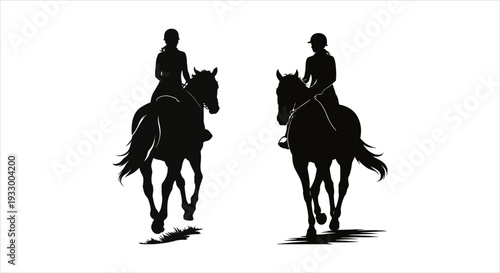 Two horse riders silhouetted against a white background, engaging in equestrian activity
