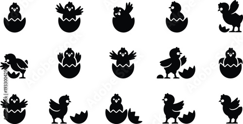 Black silhouettes of chickens hatching from eggs in various stages