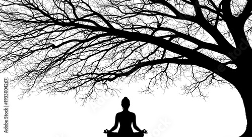 Woman meditating peacefully beneath a sprawling tree dark silhouette