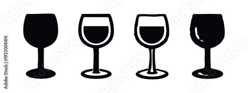 Hand Drawn Wine Glasses and Champagne Flutes with Liquid, Doodle Style Filled Drinkware Vector Set