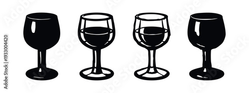 Hand Drawn Champagne Flutes Filled with Sparkling Wine, Vector Icons of Drink Glasses with Liquid