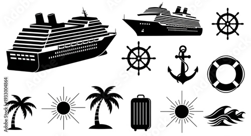 Cruise ship and nautical elements vector illustration for travel and vacation.