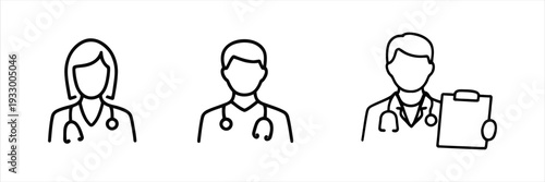 Collection of three medical professional icons with stethoscopes and clipboard