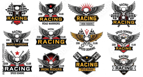 Collection of racing skull emblems with wings and checkered flags for speed and competition.
