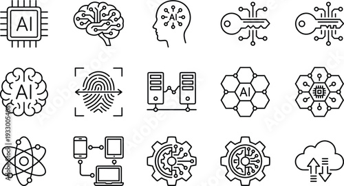 Artificial intelligence security line icons set, machine learning biometric authentication cybersecurity neural network automation data protection technology collection