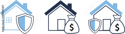 Home insurance and security icons set house with shield and money bag variations vector illustration
