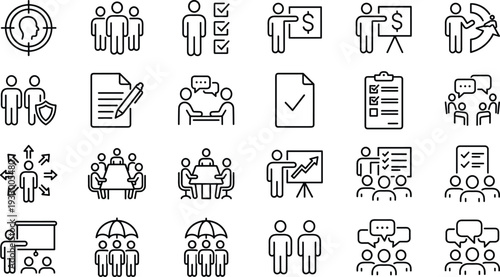 Business leadership teamwork line icons set, human resources recruitment training performance evaluation corporate meeting communication strategy collection