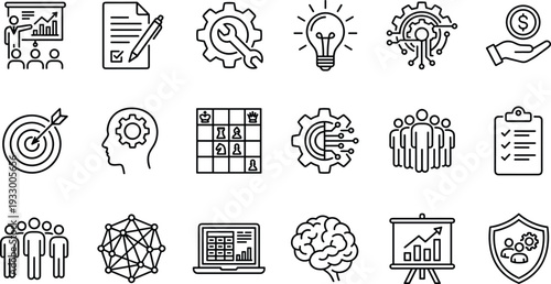 Business strategy line icons set, analytics marketing innovation teamwork planning finance target leadership chess artificial intelligence data security startup presentation