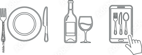 Illustrations of dining essentials and mobile ordering interface for food delivery