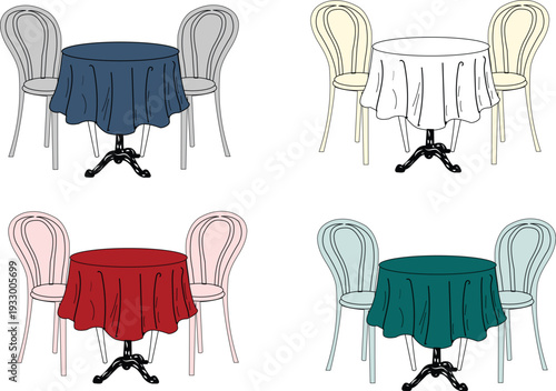 Four sets of bistro tables and chairs with different colored tablecloths blue, white, red, and green, vector illustration