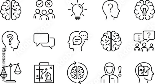 Critical thinking line icons set, problem solving decision making psychology brainstorming intelligence communication strategy creativity analysis concept