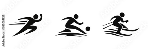 Dynamic Sports Action Silhouettes Runner, Soccer Player, Skier Icons Set