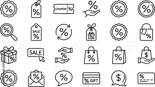 Discount and sale shopping line icons set, coupon, promotion, percentage, retail, ecommerce, offer, price, deal, gift, voucher, marketing, purchase, payment
