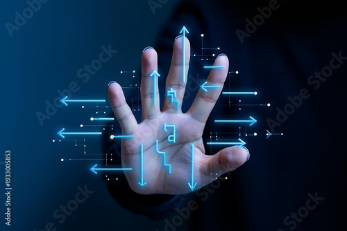 A person's hand with glowing blue arrows and lines emanating from it against a dark background with a futuristic and technological feel