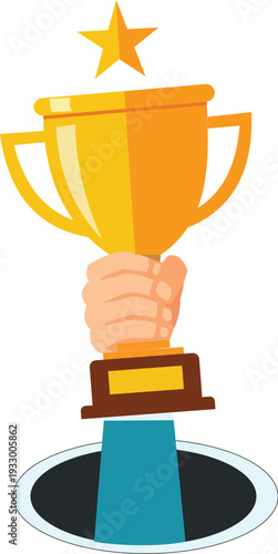 Hand holding up a golden trophy with a star on top, symbolizing victory, achievement, and success vector illustration