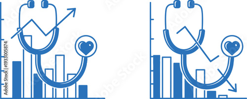Healthcare performance trends depicted through growth and decline charts with medical icons