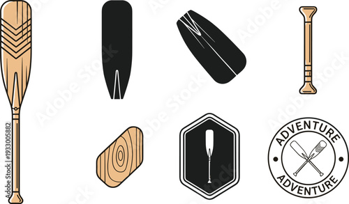 Wooden Oars and Adventure Vector Illustration Set with Canoe Paddles Rowing Equipment Silhouettes and Outdoor Nautical Adventure Badge Icons