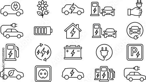 Electric vehicle charging line icons set, eco energy transportation battery power plug station renewable green mobility technology collection