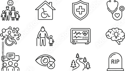 Healthcare and disability support line icons set, accessibility, family care, home assistance, insurance, medical monitoring, mental health, communication, end life