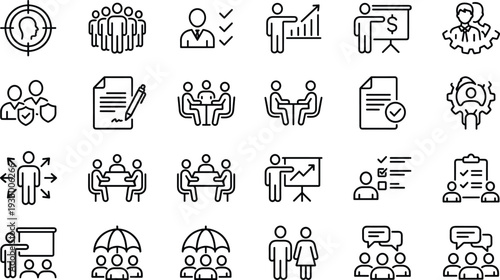 Human resources management line icons set, leadership teamwork recruitment training performance evaluation corporate communication strategy collection