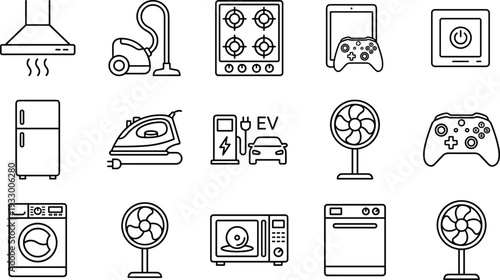Home appliances and electronics line icons set with kitchen equipment, cleaning devices, gaming controller, EV charger, smart household technology