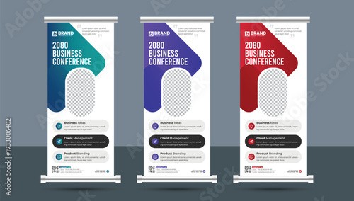Creative minimal business conference roll up standee or x banner design layout template. Professional vertical rollup, pull up, flag-banner, exhibition display, x-stand design.
