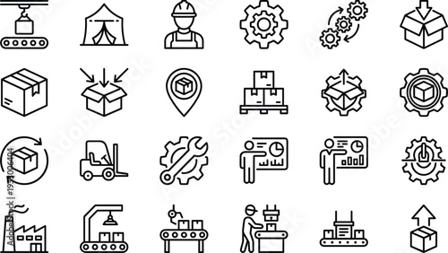 Logistics and manufacturing line icons set, supply chain, warehouse, packaging, automation, forklift, analytics, production, delivery, distribution, industry, operations, inventory, management