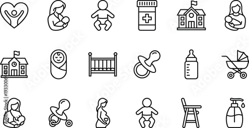 Motherhood and baby care line icons set, newborn, parenting, maternity, childcare, feeding, stroller, pacifier, nursery, family, healthcare, infant, parenting support