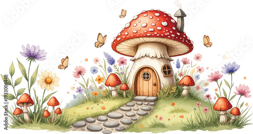 Whimsical fairy tale mushroom house with colorful flowers and butterflies in a lush garden setting