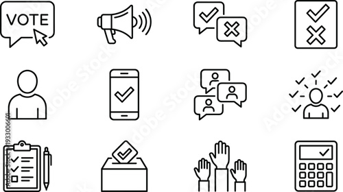 Voting and election line icons set with ballot box, voter, checklist, survey, opinion, campaign, democracy participation symbols vector illustration