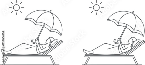 Two individuals relaxing under separate beach umbrellas on lounge chairs by the sun