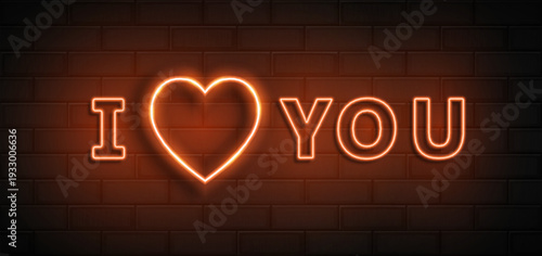 I love you sign and heart made with realistic orange led neon tubes on black wall background. Light effec. Detailed vector illustration