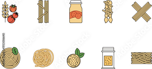Pasta and Italian Cuisine Vector Illustration Set with Uncooked Spaghetti Bundles Tomato Sauce Jar Fresh Basil and Wheat Grain Icons