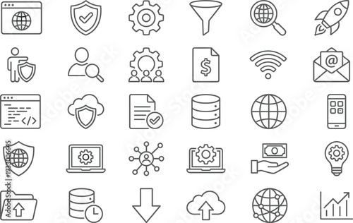 Web technology line icons set, cybersecurity cloud computing network database hosting internet communication startup development digital services collection