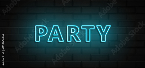 Party sign and heart made with realistic cyan led neon tubes on black wall background. Light effec. Detailed vector illustration