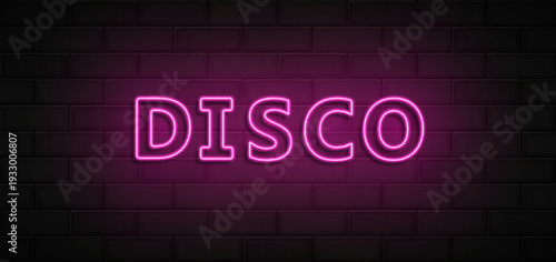 Disco sign and heart made with realistic pink led neon tubes on black wall background. Light effec. Detailed vector illustration