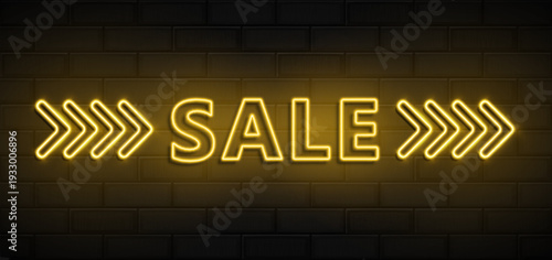 Sale sign and heart made with realistic yellow led neon tubes on black wall background. Light effec. Detailed vector illustration