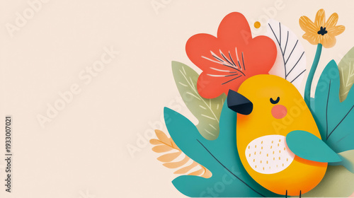 Charming Yellow Bird Illustration Nestled Among Vibrant Foliage and Whimsical Flowers, Featuring Serene Flat Design on Soft Background, Ideal for Spring and Nature Themes.