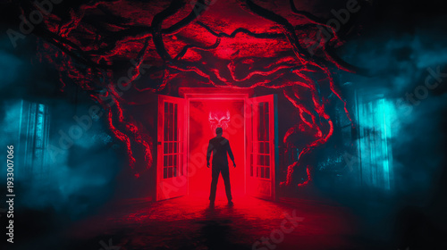 Lone silhouette stands before ominous glowing red doorway, revealing monstrous tendrils and eerie unknown world shrouded in fog and mystic light.