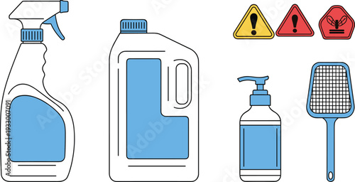 Pest Control and Cleaning Supplies Vector Illustration Set with Blue Spray Bottle Chemical Gallon Liquid Soap Dispenser and Insect Swatter Icons
