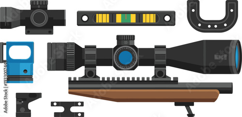 Detailed rifle scope and firearm accessories illustration, tactical shooting optics and hunting equipment set