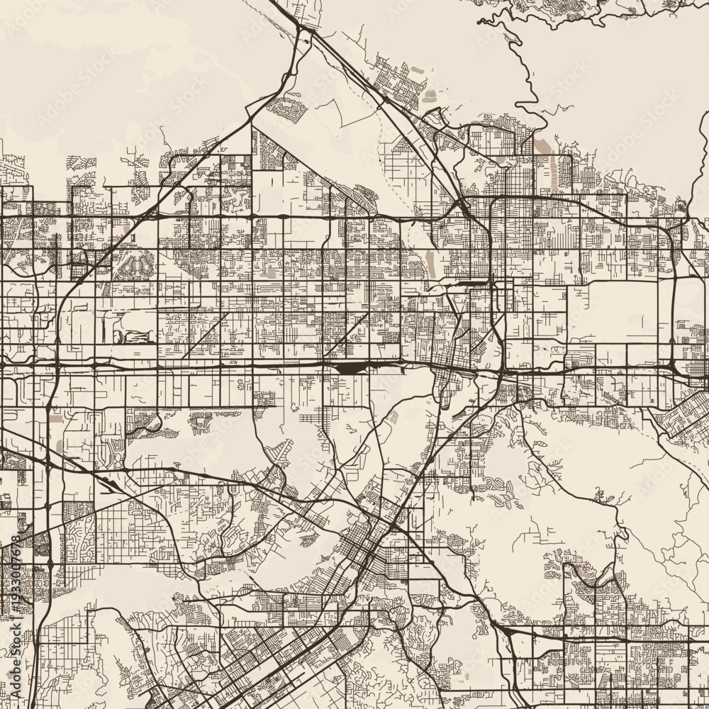 Obraz premium Riverside and San Bernardino City Map explore intricate linework reflecting refined urban grids and subtle monochrome aesthetics, emphasizing refined linework, with balanced composition.