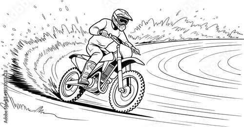 Dirt bike rider line art illustration, motocross racing action black and white coloring page design