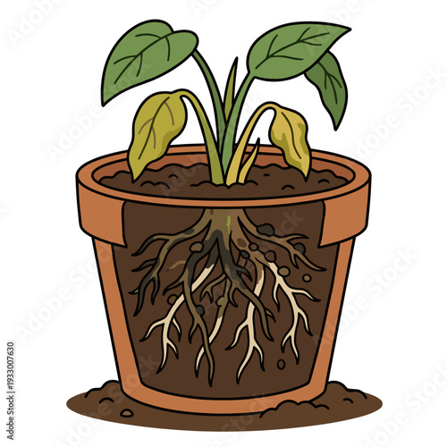 Close up of green houseplant with visible root system in soil cross section showing root rot problem gardening care concept