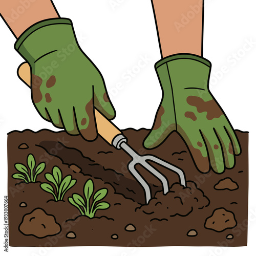 Gardener wearing green gloves loosening soil with hand rake around young seedlings agriculture cultivation concept