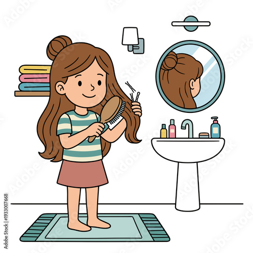 Young caucasian girl brushing long brown hair in bathroom near sink and mirror morning hygiene routine concept